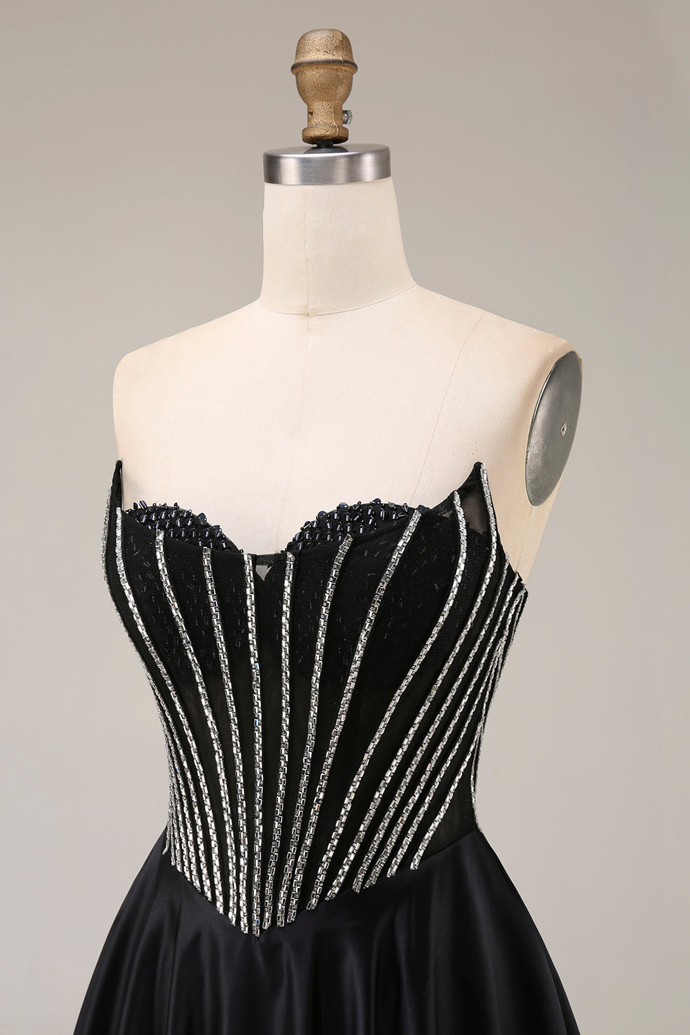 A Line Black Corset Long Strapless Prom Dress with Beading