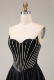 A Line Black Corset Long Strapless Prom Dress with Beading