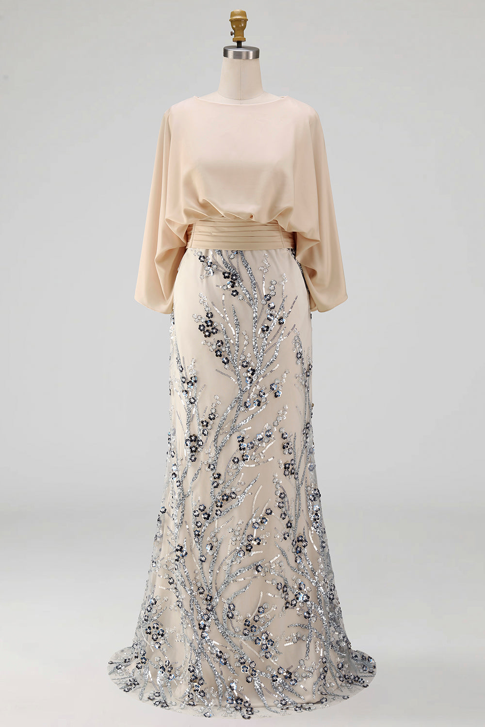 Floral Mermaid Sparkly Champagne Beaded Long Mother of the Bride Dress with Pockets