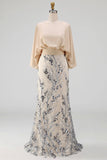 Floral Mermaid Sparkly Champagne Beaded Long Mother of the Bride Dress with Pockets