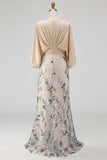 Floral Mermaid Sparkly Champagne Beaded Long Mother of the Bride Dress with Pockets