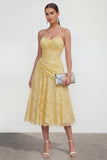 Sweetheart Ruched Lace Floral Butter Yellow A Line Maxi Wedding Guest Dress