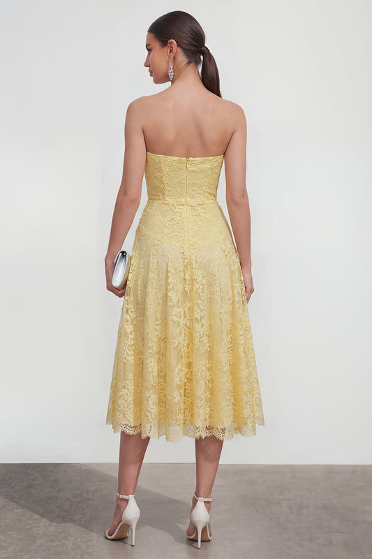 Sweetheart Ruched Lace Floral Butter Yellow A Line Maxi Wedding Guest Dress
