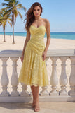 Sweetheart Ruched Lace Floral Butter Yellow A Line Maxi Wedding Guest Dress