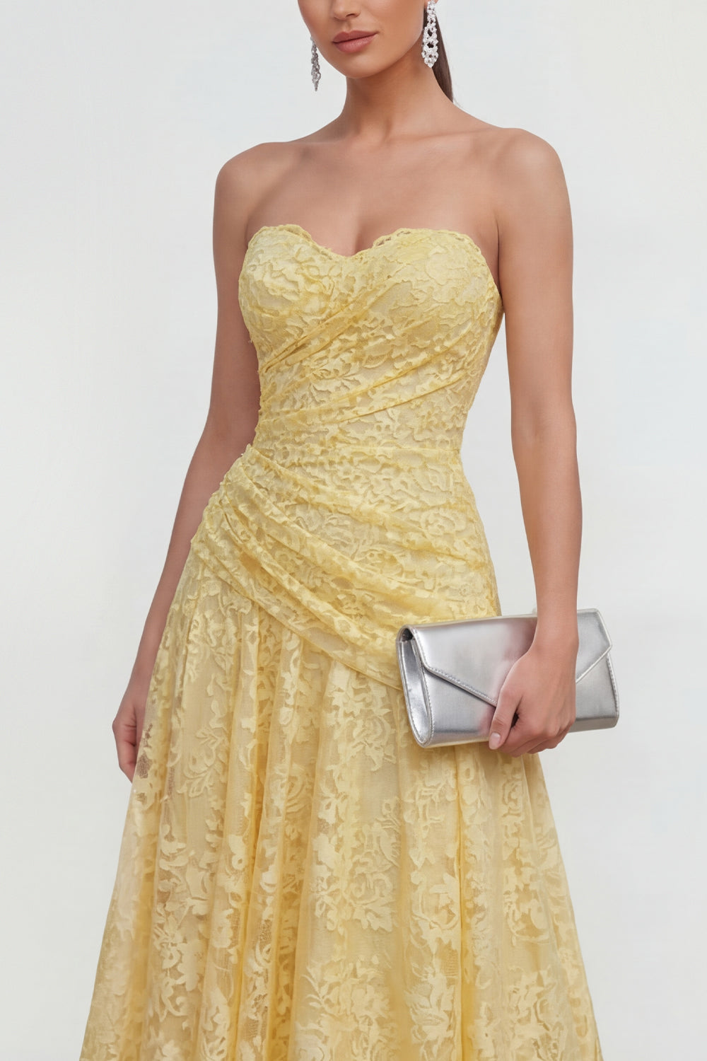 Sweetheart Ruched Lace Floral Butter Yellow A Line Maxi Wedding Guest Dress