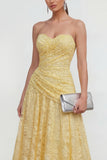 Sweetheart Ruched Lace Floral Butter Yellow A Line Maxi Wedding Guest Dress
