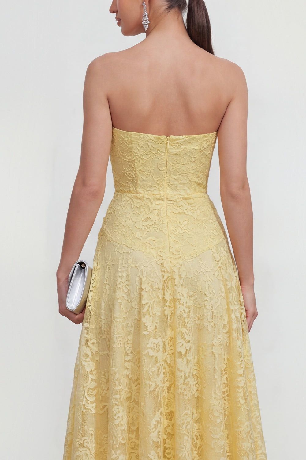 Sweetheart Ruched Lace Floral Butter Yellow A Line Maxi Wedding Guest Dress