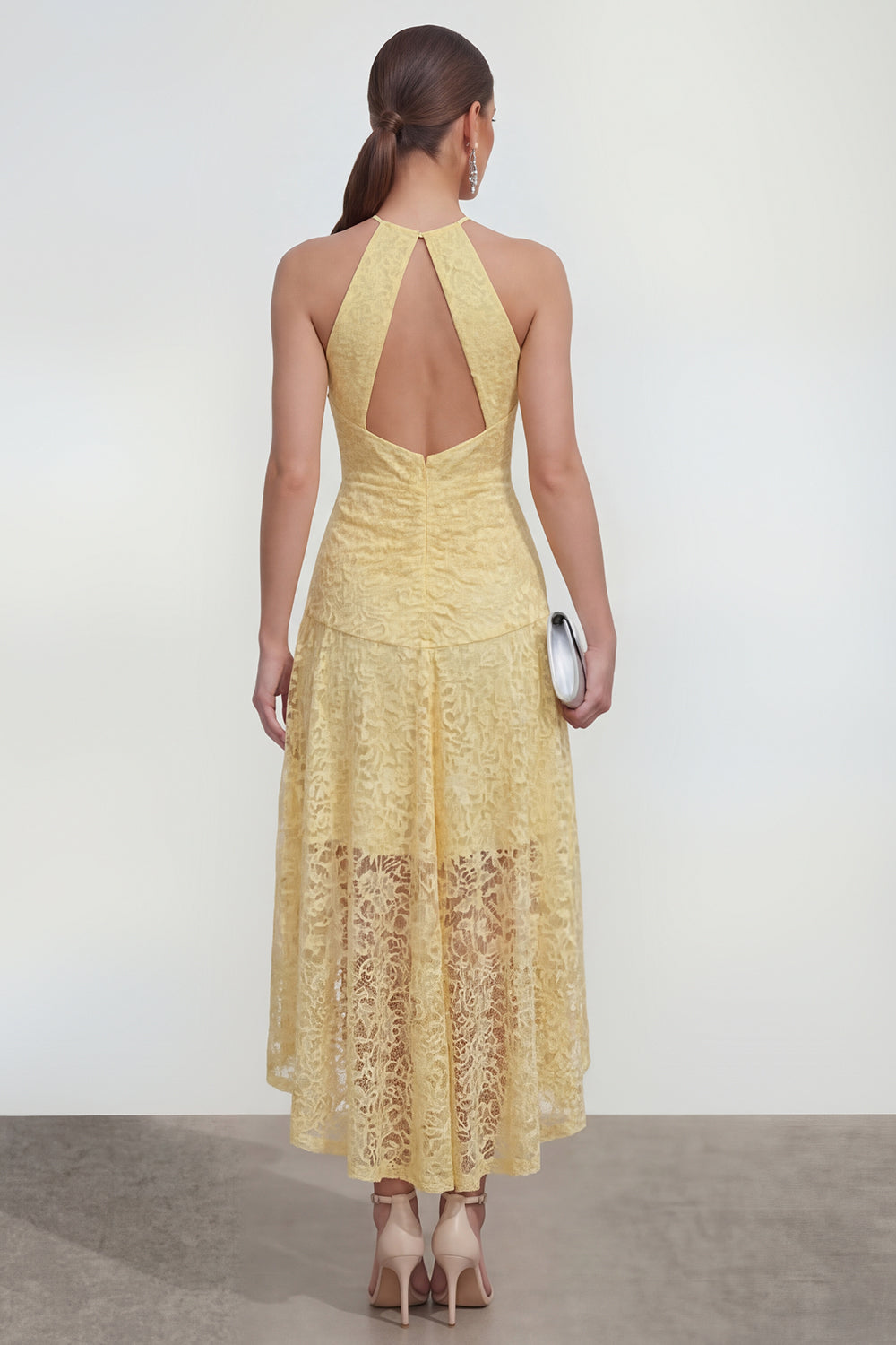 Halter Keyhole Ruched High Low Lace Floral Butter Yellow A Line Wedding Guest Dress