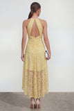 Halter Keyhole Ruched High Low Lace Floral Butter Yellow A Line Wedding Guest Dress