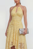 Halter Keyhole Ruched High Low Lace Floral Butter Yellow A Line Wedding Guest Dress