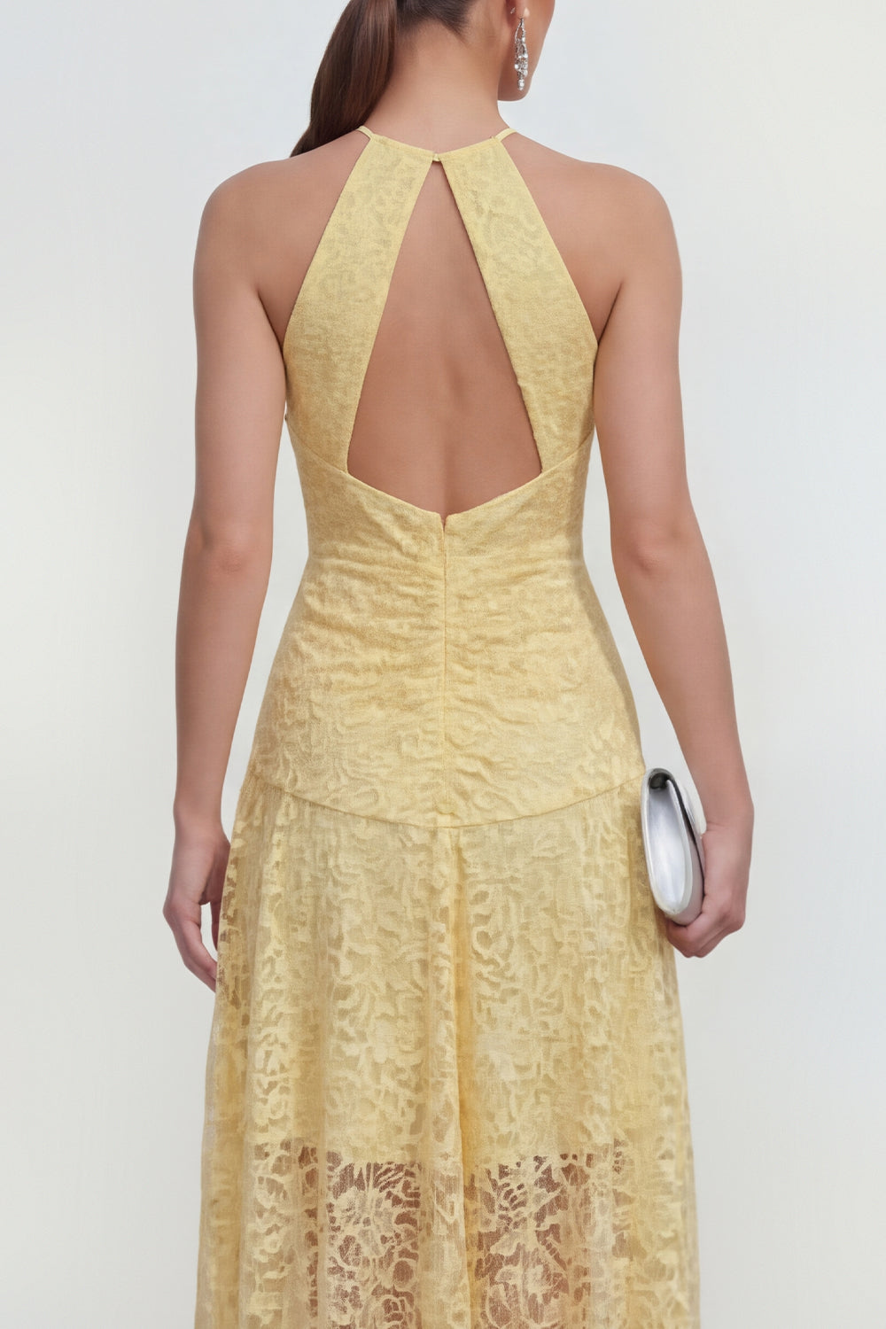 Halter Keyhole Ruched High Low Lace Floral Butter Yellow A Line Wedding Guest Dress