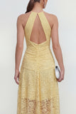Halter Keyhole Ruched High Low Lace Floral Butter Yellow A Line Wedding Guest Dress