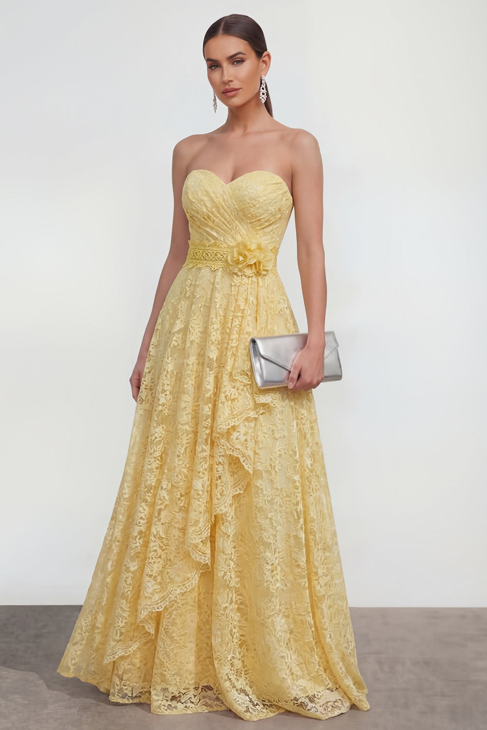 Zapakasa Women Ruffled Butter Yellow Lace Maxi Wedding Guest Dress with
