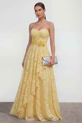 Ruffled Lace Butter Yellow A Line Maxi Wedding Guest Dress with 3D Flower