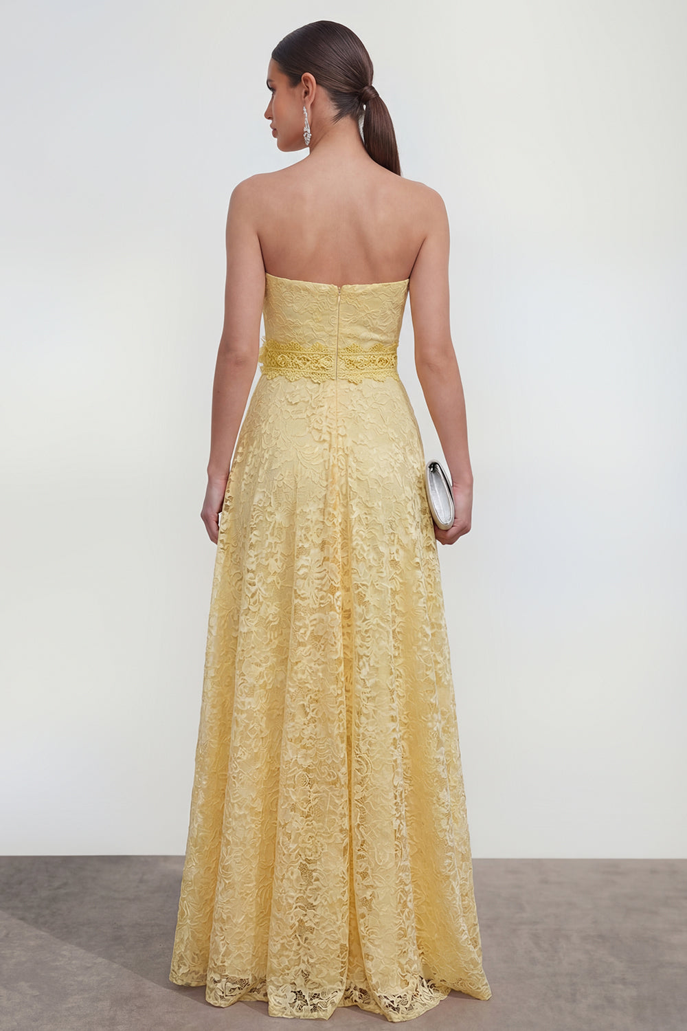 Zapakasa Women Ruffled Butter Yellow Lace Maxi Wedding Guest Dress with