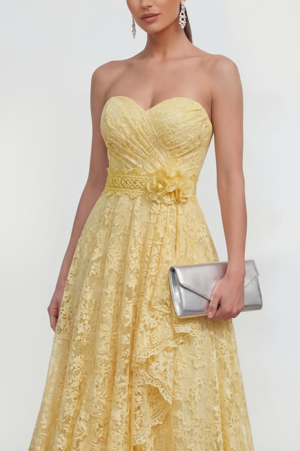 Zapakasa Women Ruffled Butter Yellow Lace Maxi Wedding Guest Dress with