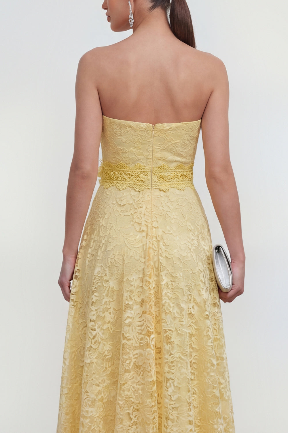 Zapakasa Women Ruffled Butter Yellow Lace Maxi Wedding Guest Dress with