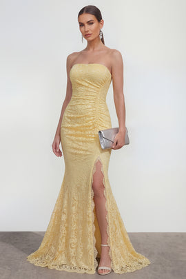 Mermaid Ruched Lace Floral Butter Yellow Maxi Wedding Guest Dress with Slit