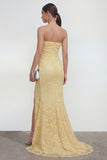 Mermaid Ruched Lace Floral Butter Yellow Maxi Wedding Guest Dress with Slit