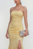 Mermaid Ruched Lace Floral Butter Yellow Maxi Wedding Guest Dress with Slit