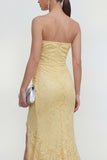 Mermaid Ruched Lace Floral Butter Yellow Maxi Wedding Guest Dress with Slit