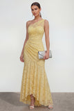 Mermaid Ruched Lace Floral Butter Yellow Asymmetrical Wedding Guest Dress