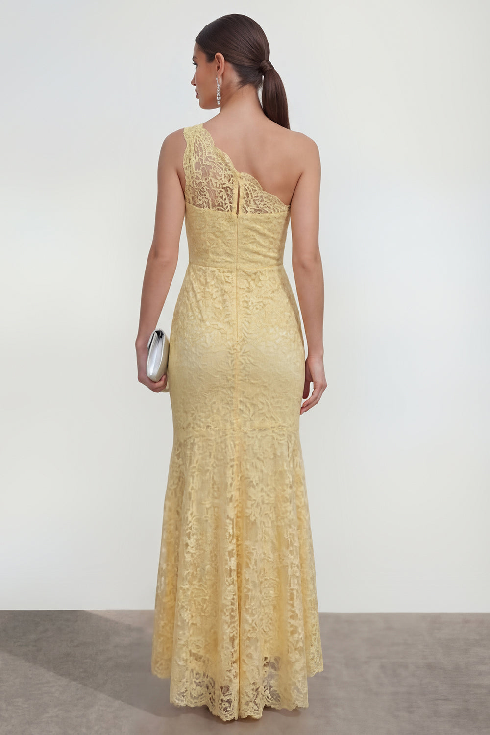 Mermaid Ruched Lace Floral Butter Yellow Asymmetrical Wedding Guest Dress