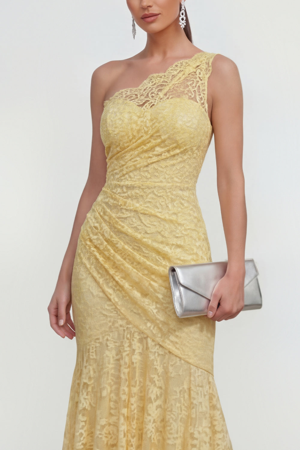 Mermaid Ruched Lace Floral Butter Yellow Asymmetrical Wedding Guest Dress