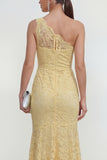 Mermaid Ruched Lace Floral Butter Yellow Asymmetrical Wedding Guest Dress