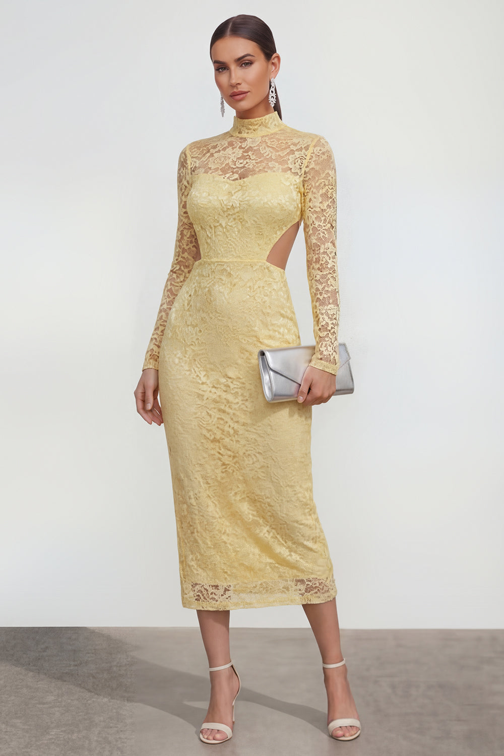 Lace Floral Butter Yellow Bodycon Cut Out Midi Wedding Guest Dress with Back Slit