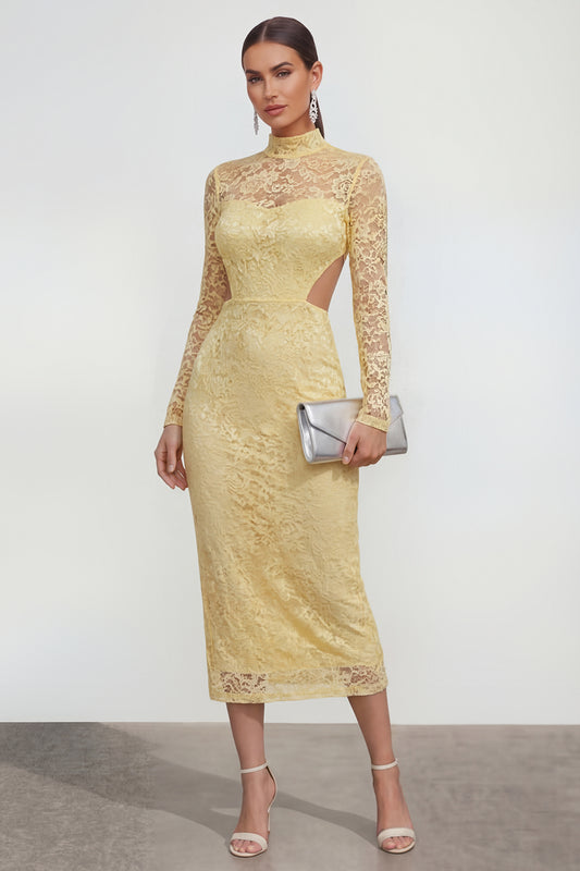 Lace Floral Butter Yellow Bodycon Cut Out Midi Wedding Guest Dress with Back Slit