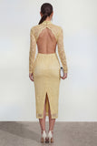 Lace Floral Butter Yellow Bodycon Cut Out Midi Wedding Guest Dress with Back Slit
