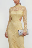 Lace Floral Butter Yellow Bodycon Cut Out Midi Wedding Guest Dress with Back Slit