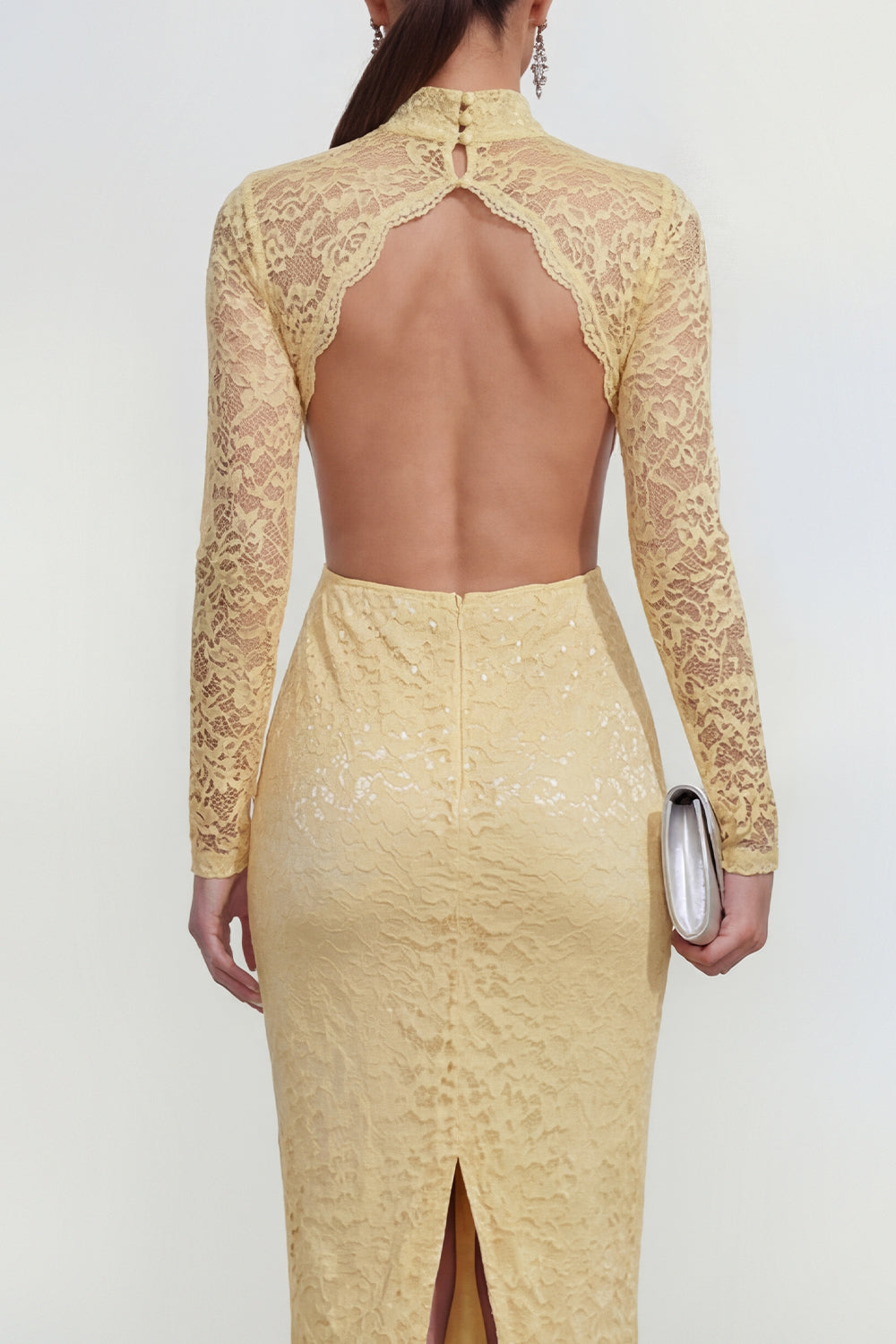 Lace Floral Butter Yellow Bodycon Cut Out Midi Wedding Guest Dress with Back Slit