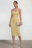 Sweetheart Butter Yellow Bodycon Midi Lace Floral Wedding Guest Dress with Back Slit