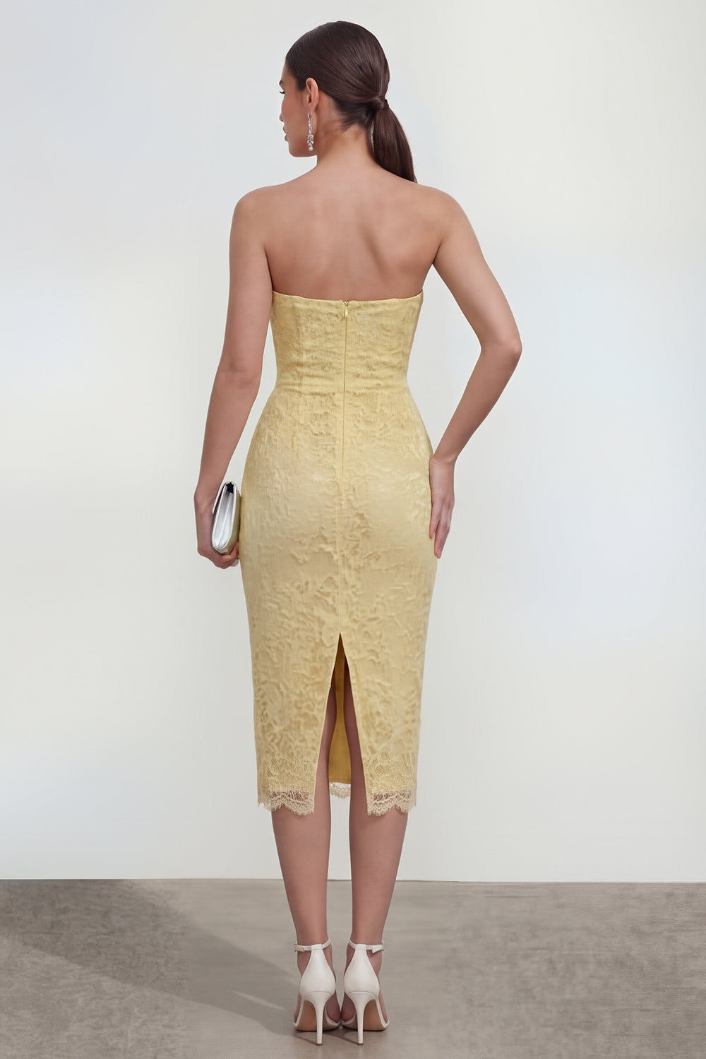 Sweetheart Butter Yellow Bodycon Midi Lace Floral Wedding Guest Dress with Back Slit