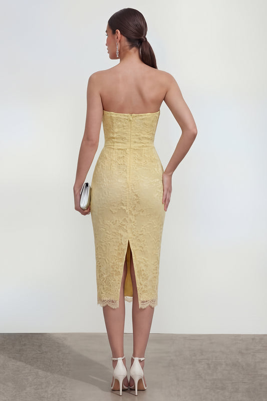 Sweetheart Butter Yellow Bodycon Midi Lace Floral Wedding Guest Dress with Back Slit