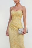 Sweetheart Butter Yellow Bodycon Midi Lace Floral Wedding Guest Dress with Back Slit