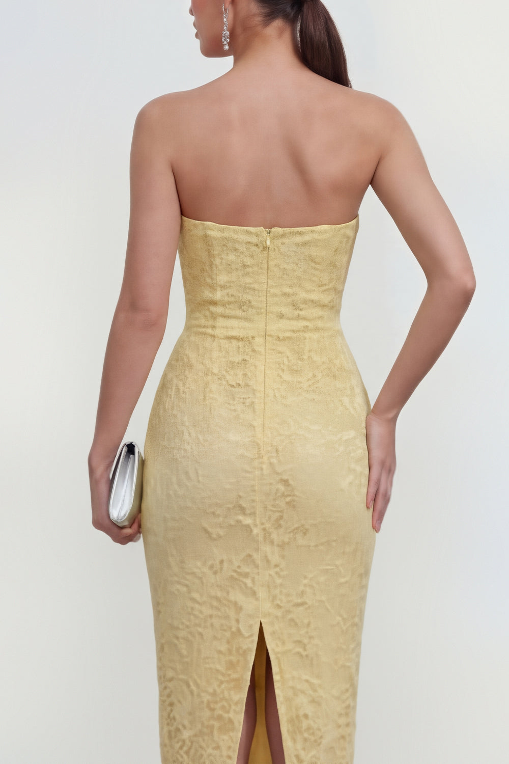 Sweetheart Butter Yellow Bodycon Midi Lace Floral Wedding Guest Dress with Back Slit