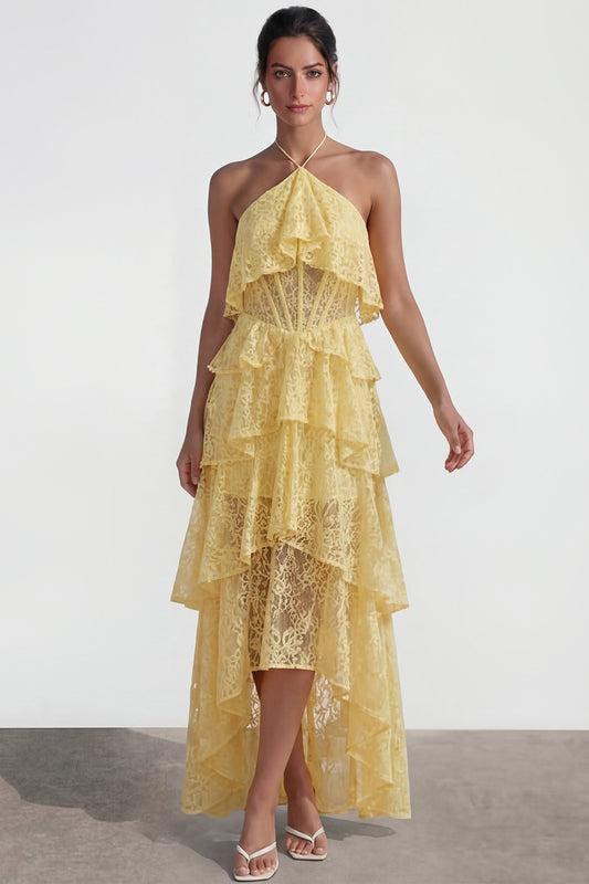 Halter Corset Lace Floral Yellow A Line High Low Wedding Guest Dress with Ruffles