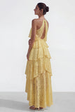 Halter Corset Lace Floral Yellow A Line High Low Wedding Guest Dress with Ruffles