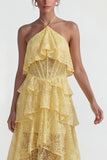 Halter Corset Lace Floral Yellow A Line High Low Wedding Guest Dress with Ruffles