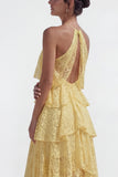 Halter Corset Lace Floral Yellow A Line High Low Wedding Guest Dress with Ruffles