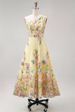 Floral Ruched Butter Yellow A Line One Shoulder Maxi Wedding Guest Dress
