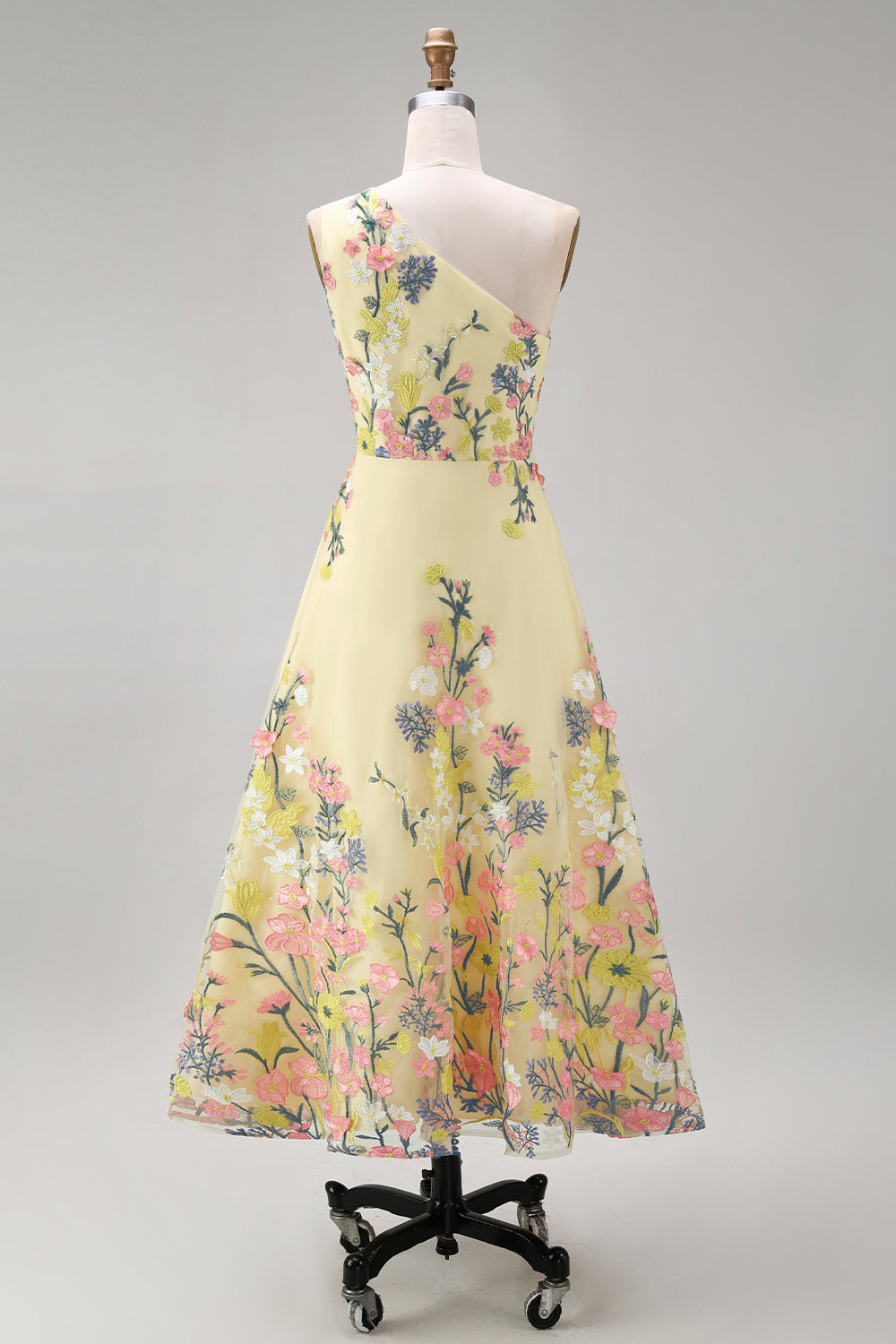 Floral Ruched Butter Yellow A Line One Shoulder Maxi Wedding Guest Dress