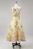 Floral Ruched Butter Yellow A Line One Shoulder Maxi Wedding Guest Dress