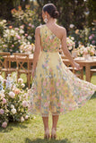 Floral Ruched Butter Yellow A Line One Shoulder Maxi Wedding Guest Dress