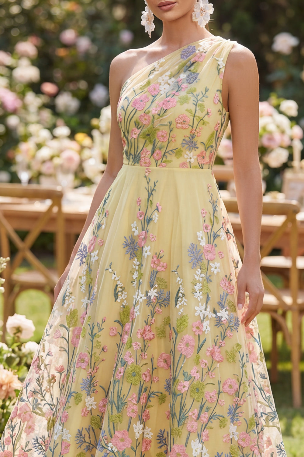 Floral Ruched Butter Yellow A Line One Shoulder Maxi Wedding Guest Dress