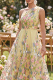Floral Ruched Butter Yellow A Line One Shoulder Maxi Wedding Guest Dress