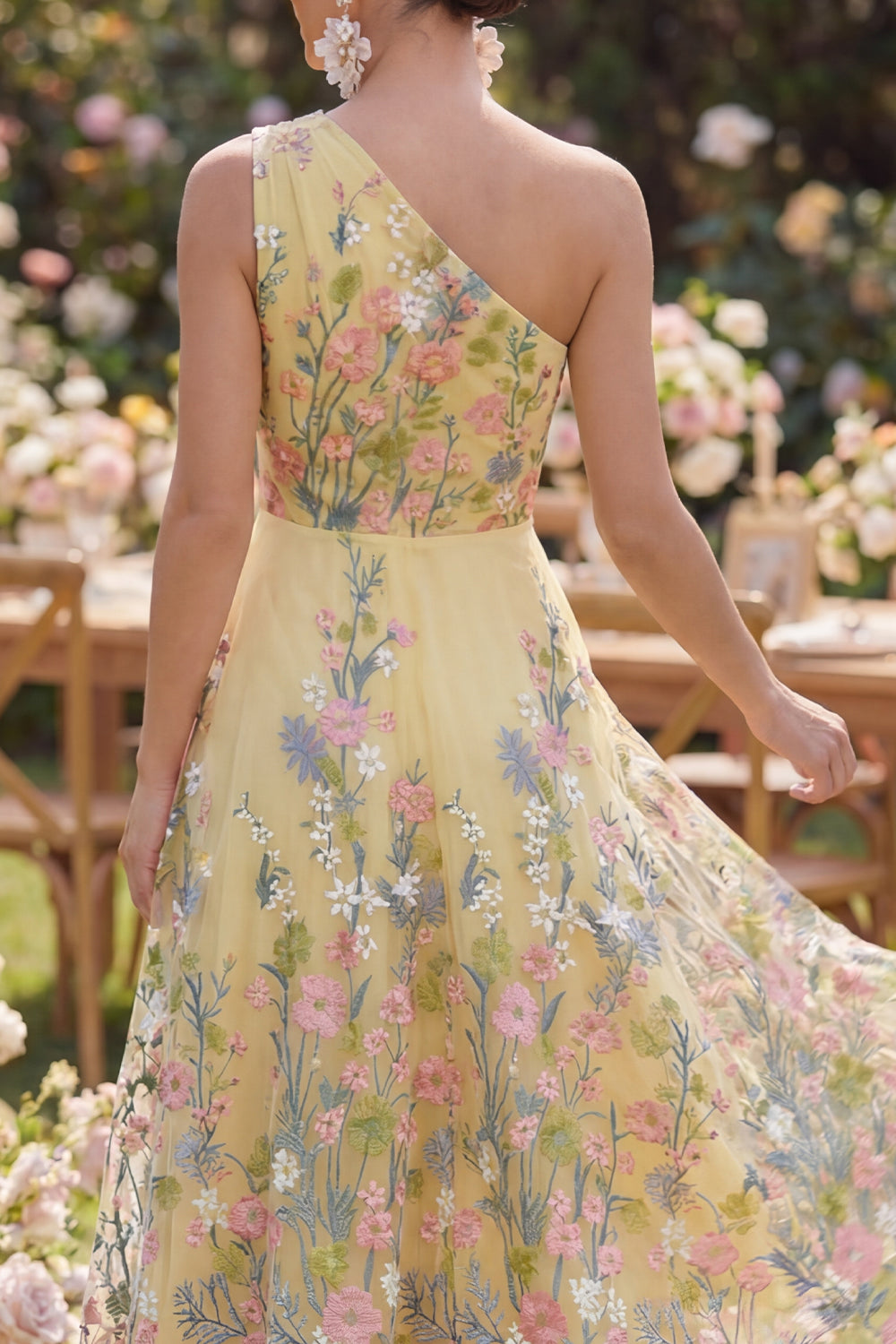 Floral Ruched Butter Yellow A Line One Shoulder Maxi Wedding Guest Dress